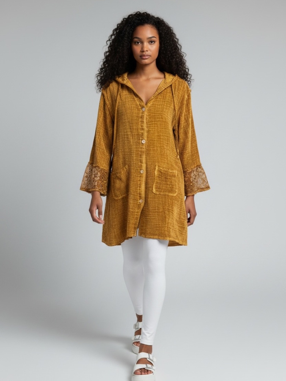 Jaded Gypsy Button-Down Hooded Tunic Shirt in Mustard